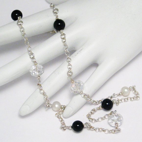 Rolo Chain Crystal Pearl Station Necklace Sterling - Picture 4 of 4